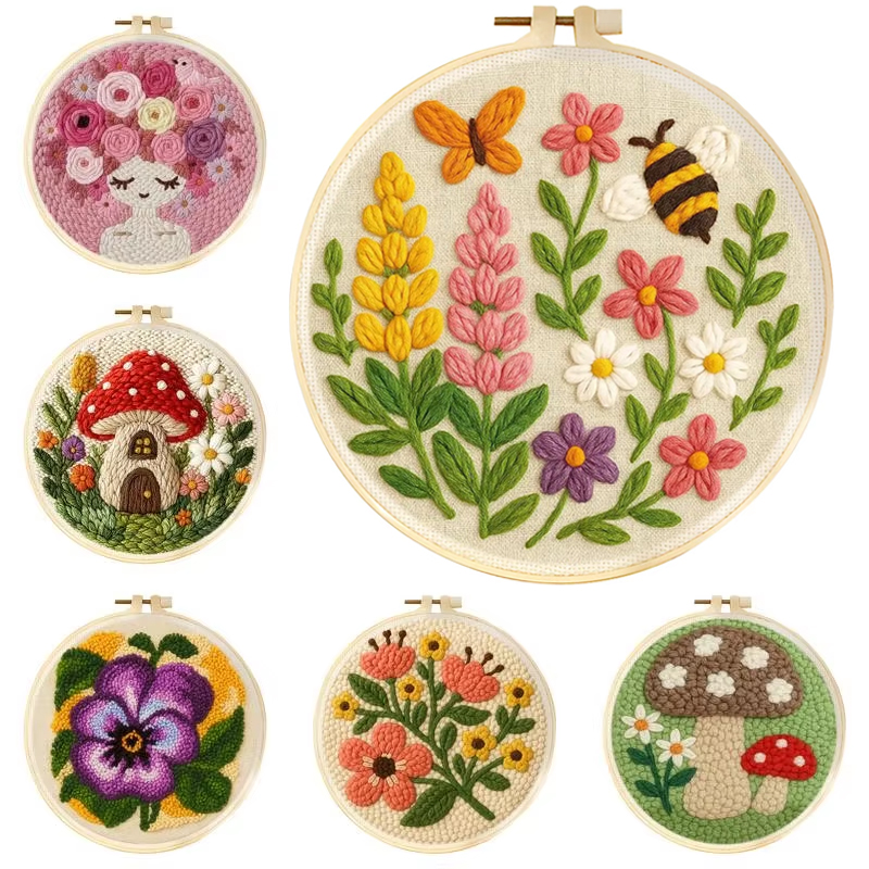 Embroidery Hoop Square - DIY Punch Needle Kits Mushroom Flowers