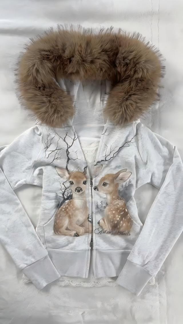 Embroidery Zip Up Hoodie - American Retro Deer Print Fur-Lined Hooded