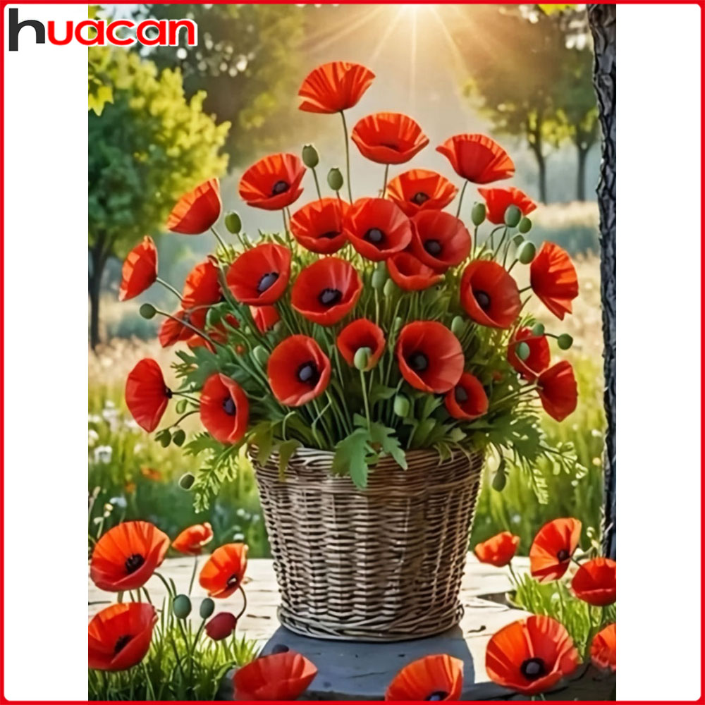 Embroidery Hoop Square - Huacan Full Diamond Painting Poppy Flower