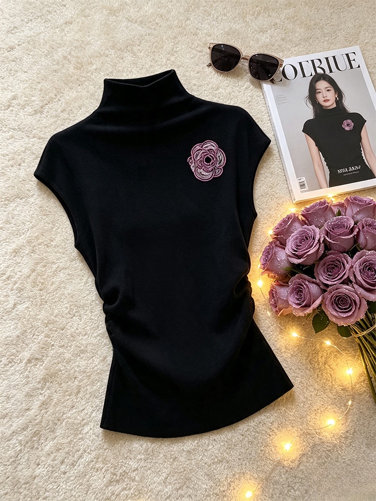 Elegant Black High Collar Slee - Embroidery Tshirt ulasan dan harga