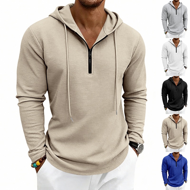 Men Waffle Knit Half‑Zip Hoodi - Embroidery Zip Up Hoodie ulasan dan harga