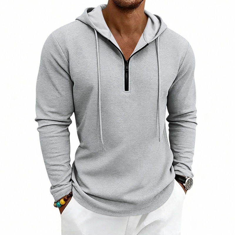 Men Waffle Knit Half‑Zip Hoodi - Embroidery Zip Up Hoodie ulasan dan harga