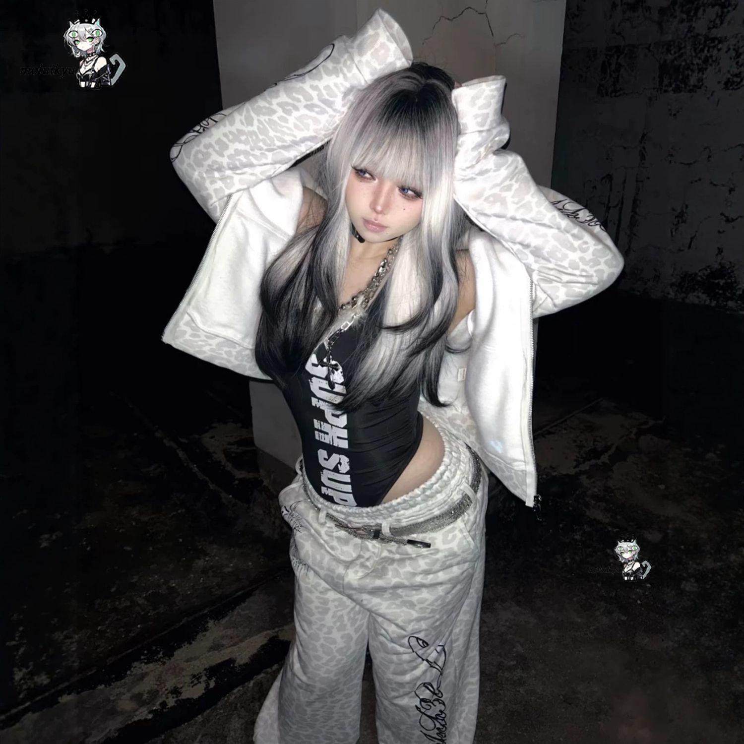 Vintage Y2K White Leopard Prin - Embroidery Zip Up Hoodie ulasan dan harga