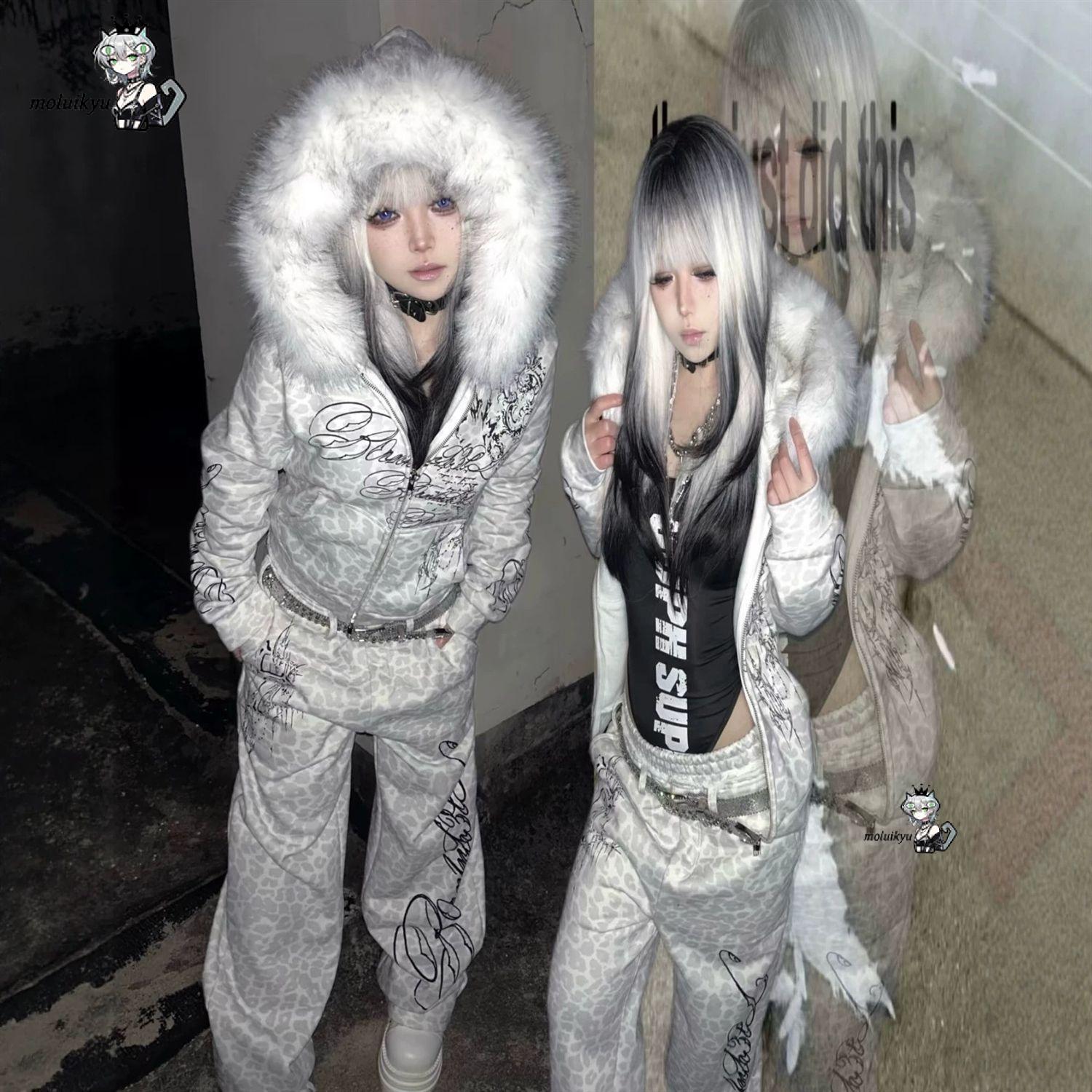 Vintage Y2K White Leopard Prin - Embroidery Zip Up Hoodie ulasan dan harga