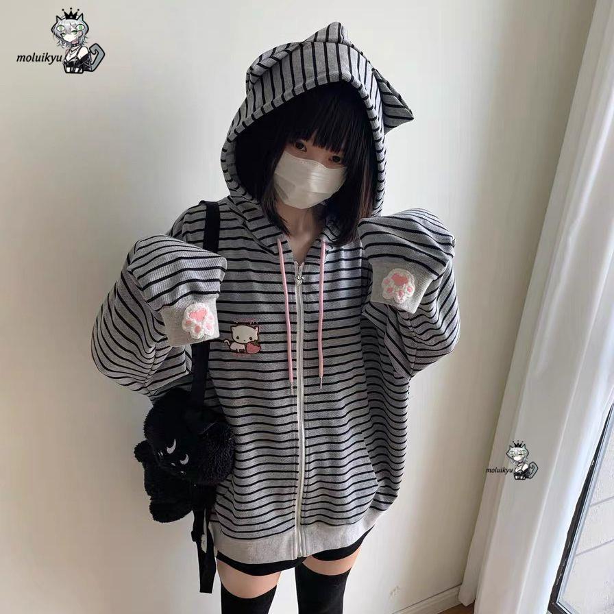 Y2K Women Striped Zip Up Jacke - Embroidery Zip Up Hoodie ulasan dan harga