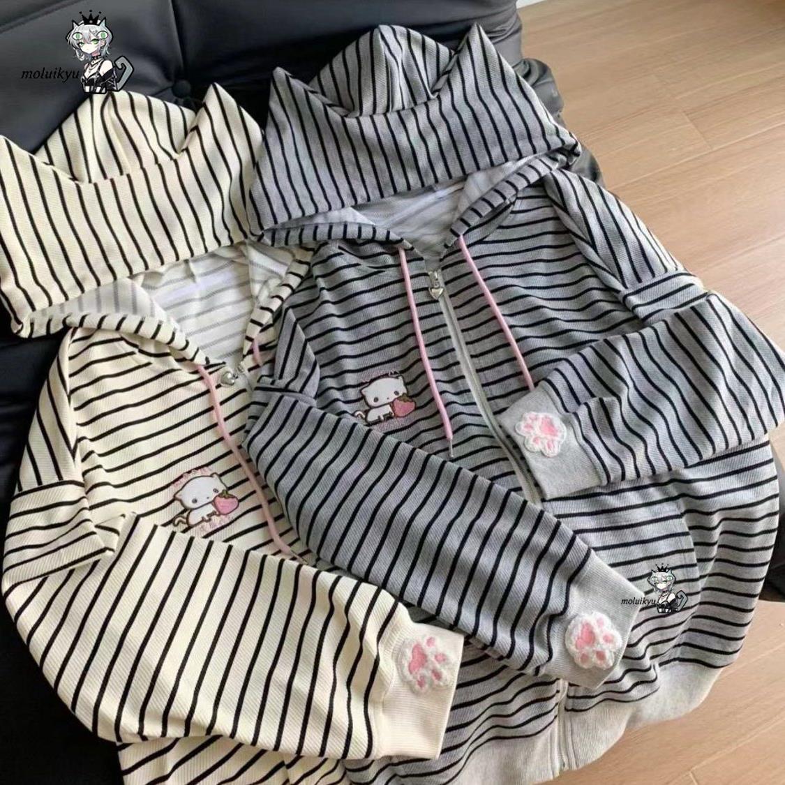 Y2K Women Striped Zip Up Jacke - Embroidery Zip Up Hoodie ulasan dan harga