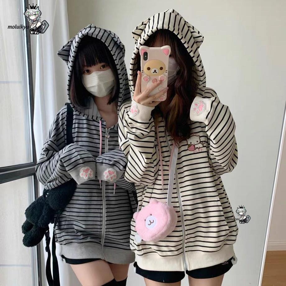 Y2K Women Striped Zip Up Jacke - Embroidery Zip Up Hoodie ulasan dan harga