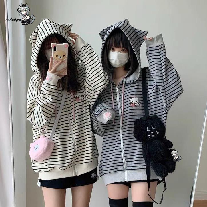 Y2K Women Striped Zip Up Jacke - Embroidery Zip Up Hoodie ulasan dan harga