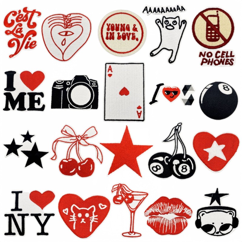 Lips Camera Star Cherry Heart  - Embroidery On Black Shirt ulasan dan harga