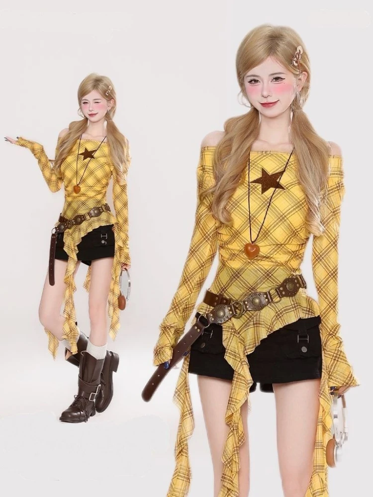 Y2K Plaid Slash Neck Vintage T - Embroidery Tshirt ulasan dan harga