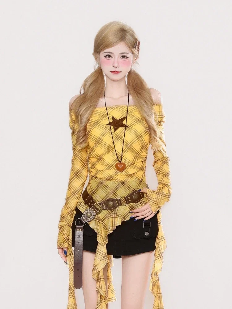Y2K Plaid Slash Neck Vintage T - Embroidery Tshirt ulasan dan harga