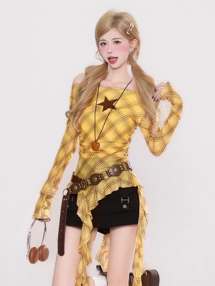 Y2K Plaid Slash Neck Vintage T - Embroidery Tshirt ulasan dan harga