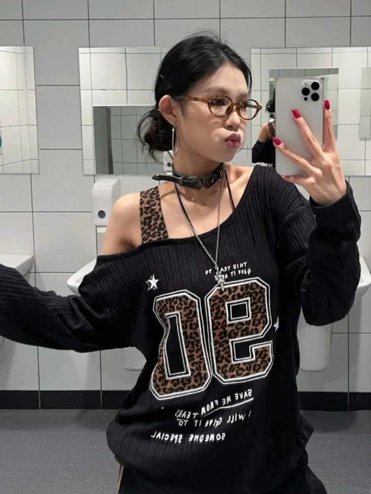 Y2K Patchwork Leopard Print T- - Embroidery Tshirt ulasan dan harga