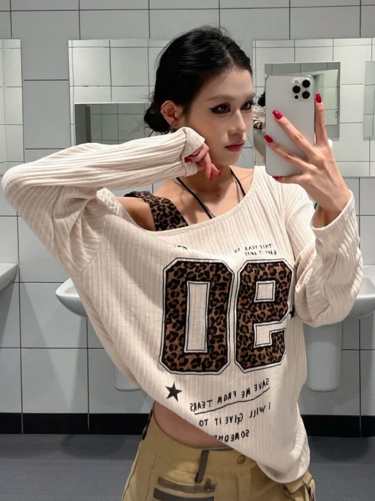 Y2K Patchwork Leopard Print T- - Embroidery Tshirt ulasan dan harga