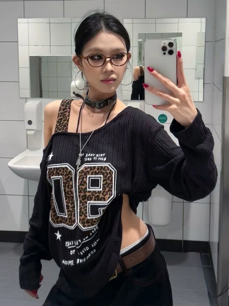 Y2K Patchwork Leopard Print T- - Embroidery Tshirt ulasan dan harga
