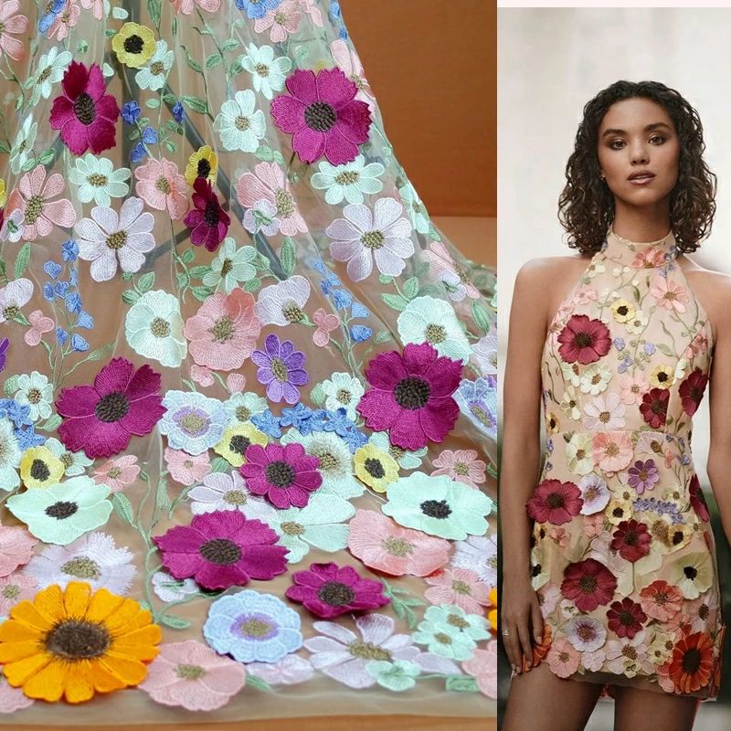 Colorful 3D Flower Lace Fabric - Embroidery Net Fabric ulasan dan harga
