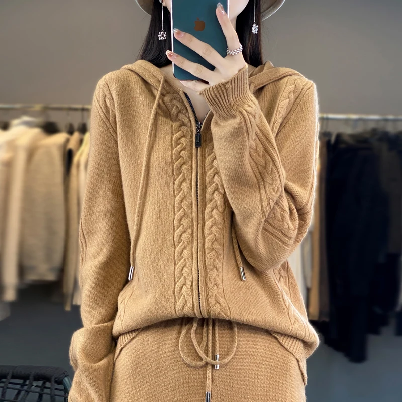 Women's Pure Cashmere Hooded C - Embroidery Zip Up Hoodie ulasan dan harga