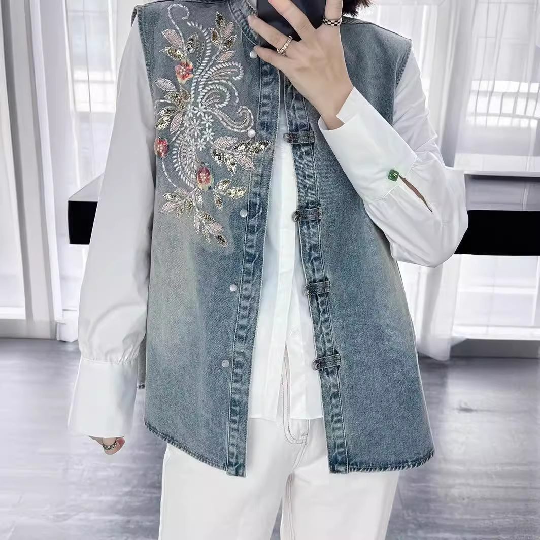 Denim Coats Women Vests Coat R - Embroidery Jacket Jeans ulasan dan harga