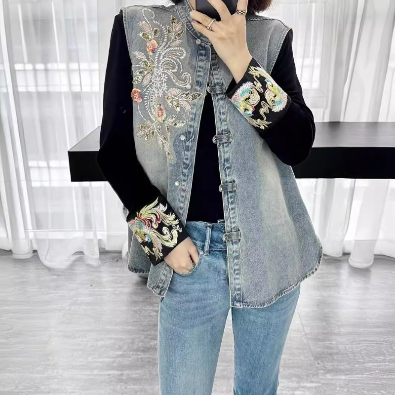Denim Coats Women Vests Coat R - Embroidery Jacket Jeans ulasan dan harga