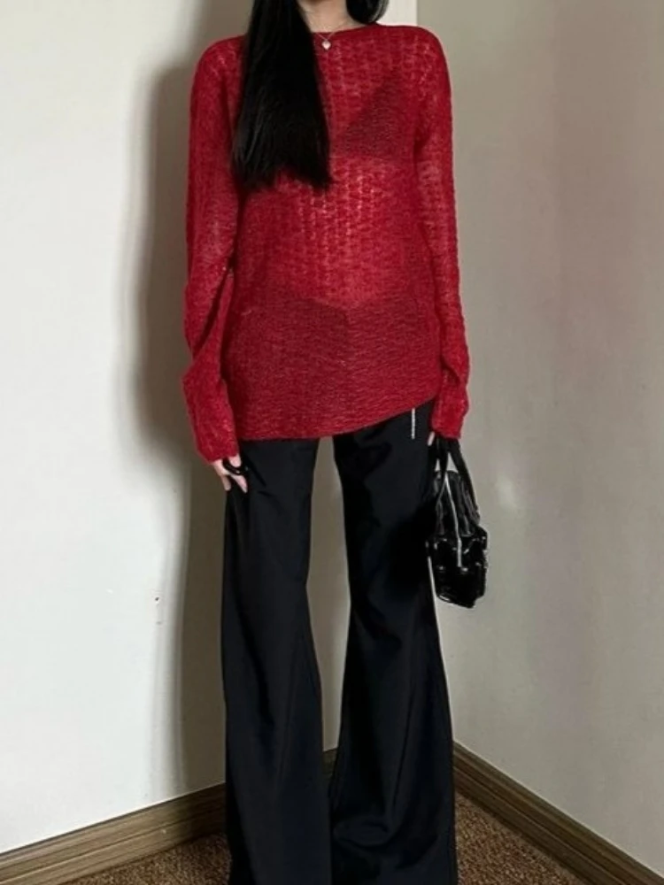 Y2K See-Through Knitted Women' - Embroidery Tshirt ulasan dan harga